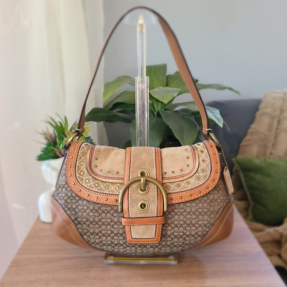 Coach Soho Signature Suede & Leather Buckle Flap Shoulder Bag